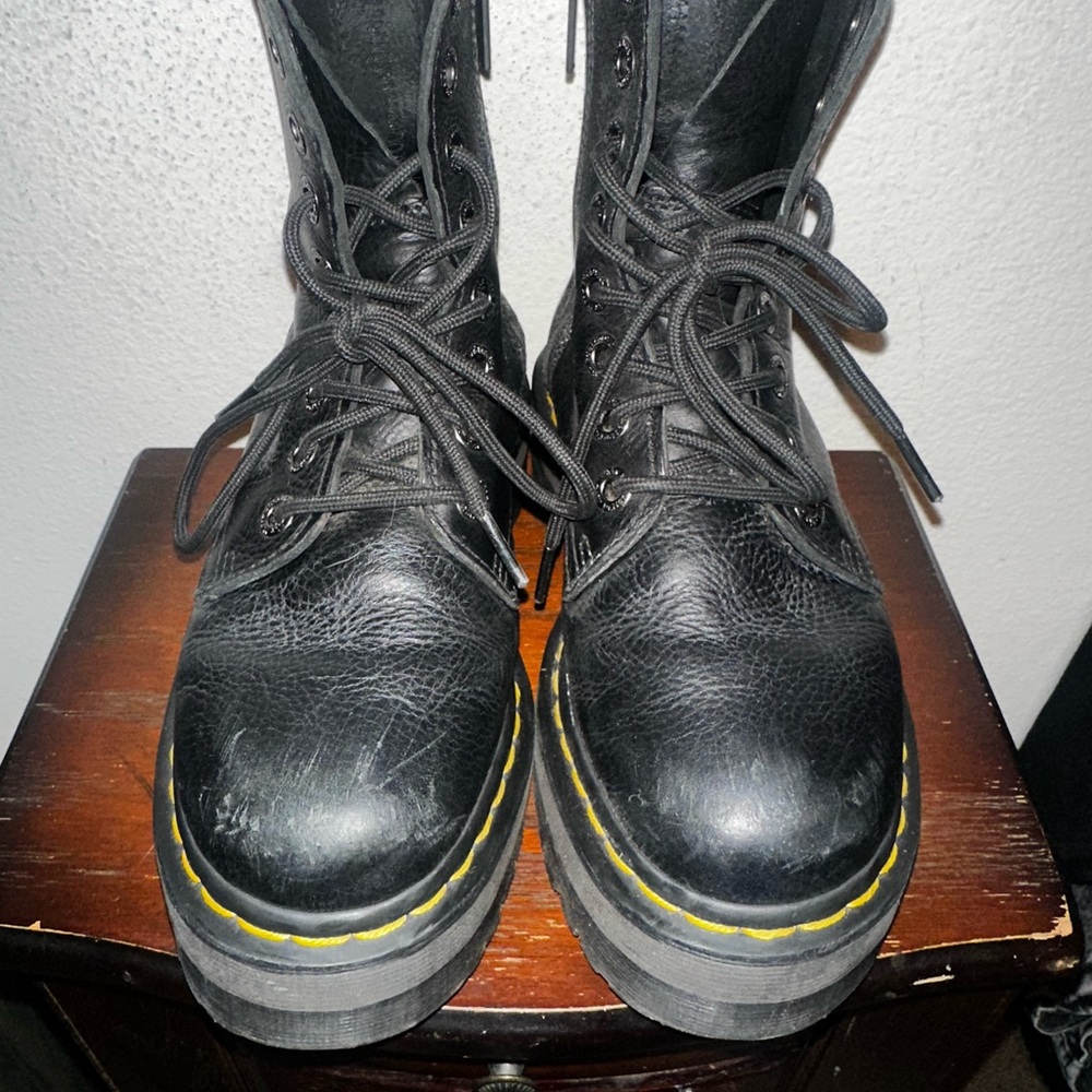Black Combat Boots with Yellow Stitching